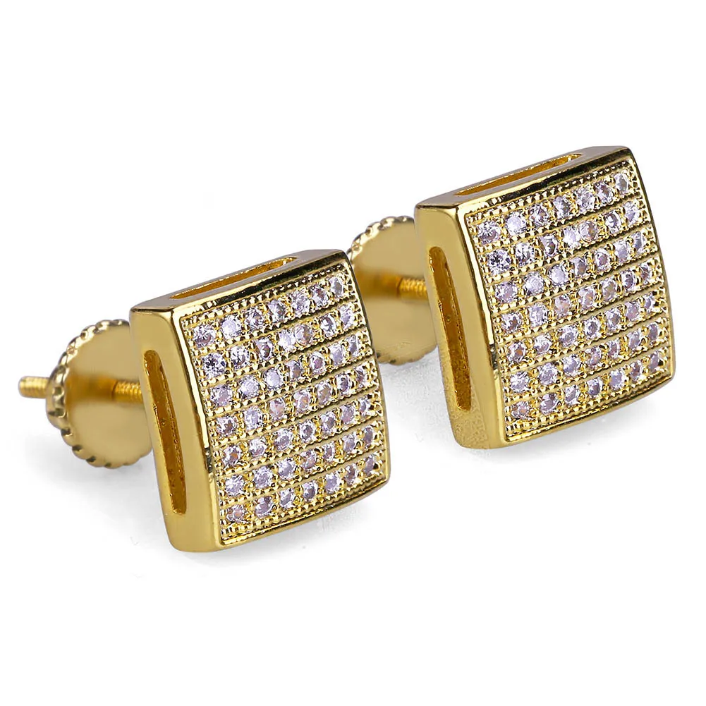 14K Gold Plated Hip Hop Micro Paved CZ Square Curved Back Screw Back Stud Earring for Men Women