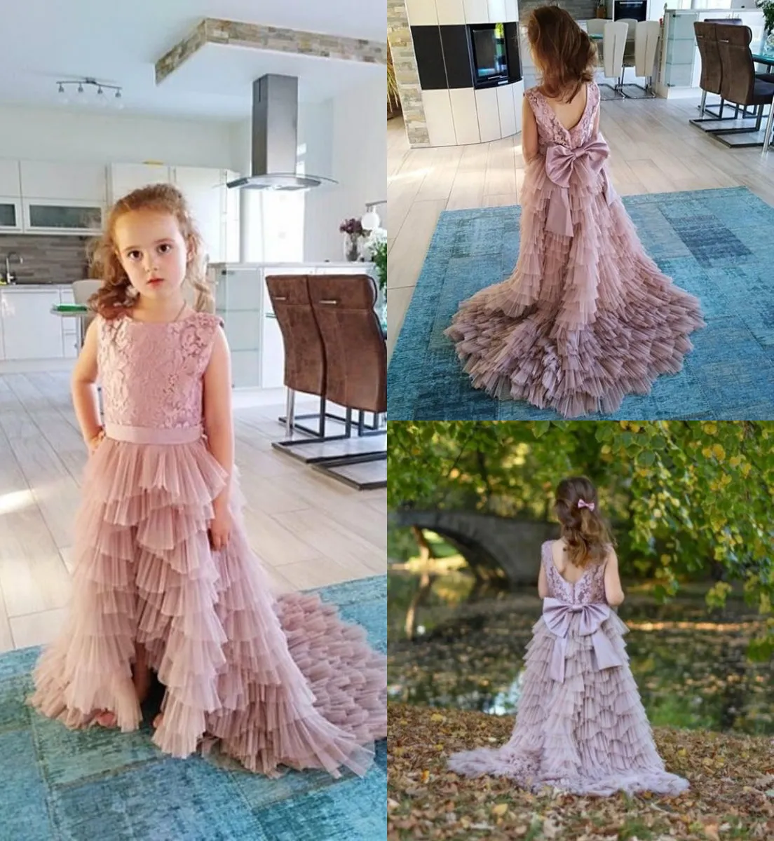 Rosafarbene Blumenmädchenkleider, abgestufte Tüllröcke, Juwelenausschnitt, hohe, tiefe Schleife hinten, Festzugkleid für Mädchen, formelles Kleid für kleine Mädchen