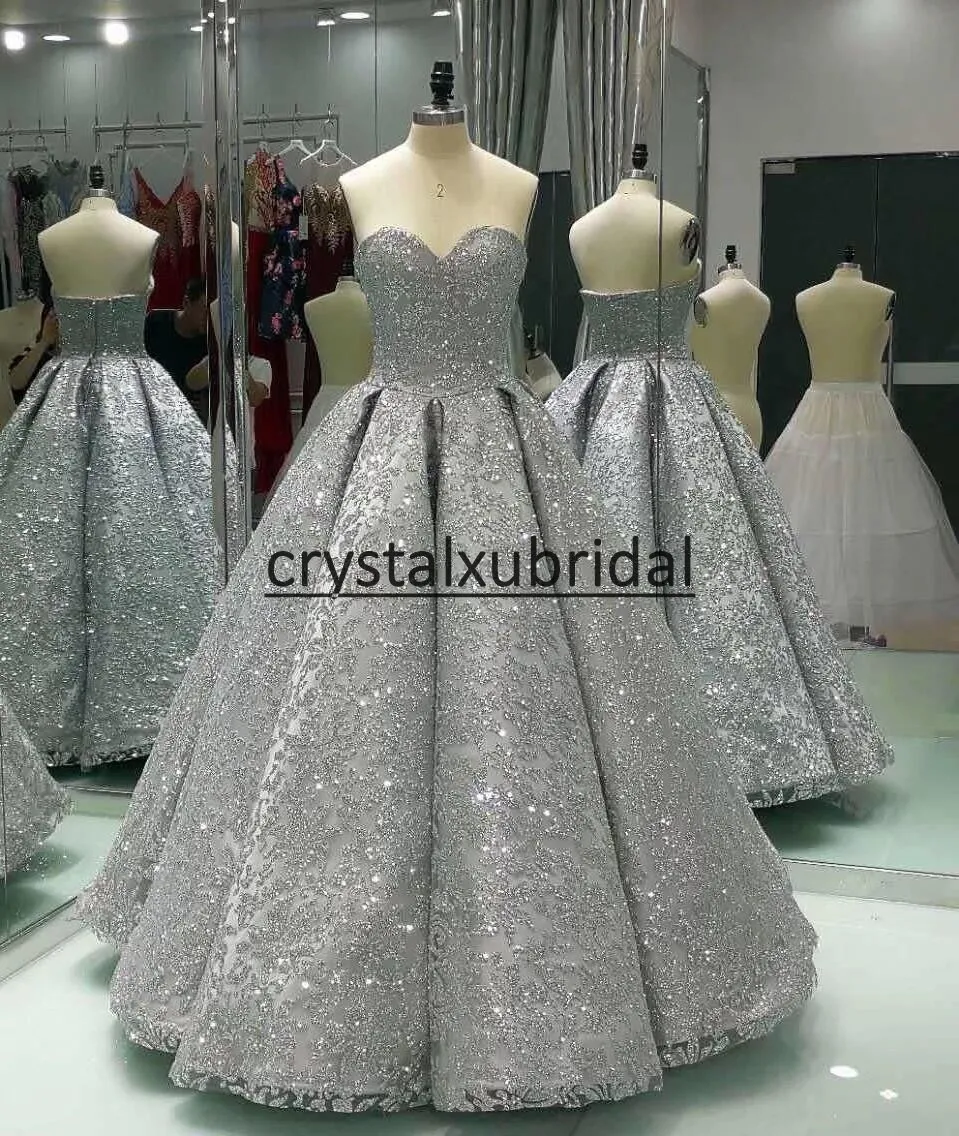 2018 Abiti da ballo Quinceanera sexy con immagine reale Sweetheart Oro grigio Paillettes in pizzo pieno con perline Plus Size Abiti da sera da ballo