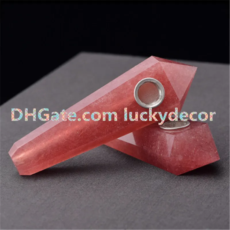 Natural Strawberry Quartz Crystal Smoking Pipe Red Quartz Wand Point Smoke Pipe Healing Stone Earth Gem Hippie Tobacco Pipe w/Carb Hole 1pcs