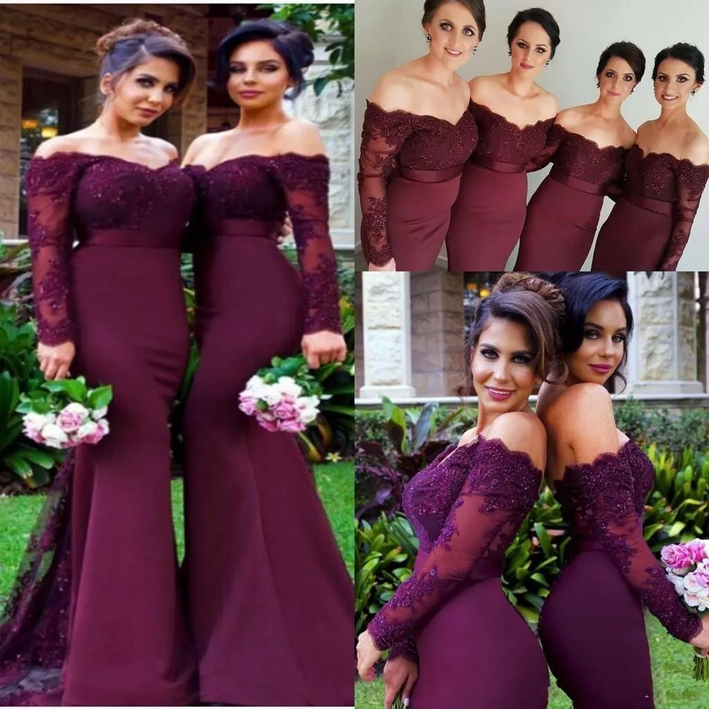 Sexig Burgundy Long Mermaid Bridesmaids Klänningar från axeln Pärlor Appliques Party Dress Beads Långärmade brudtärna klänningar