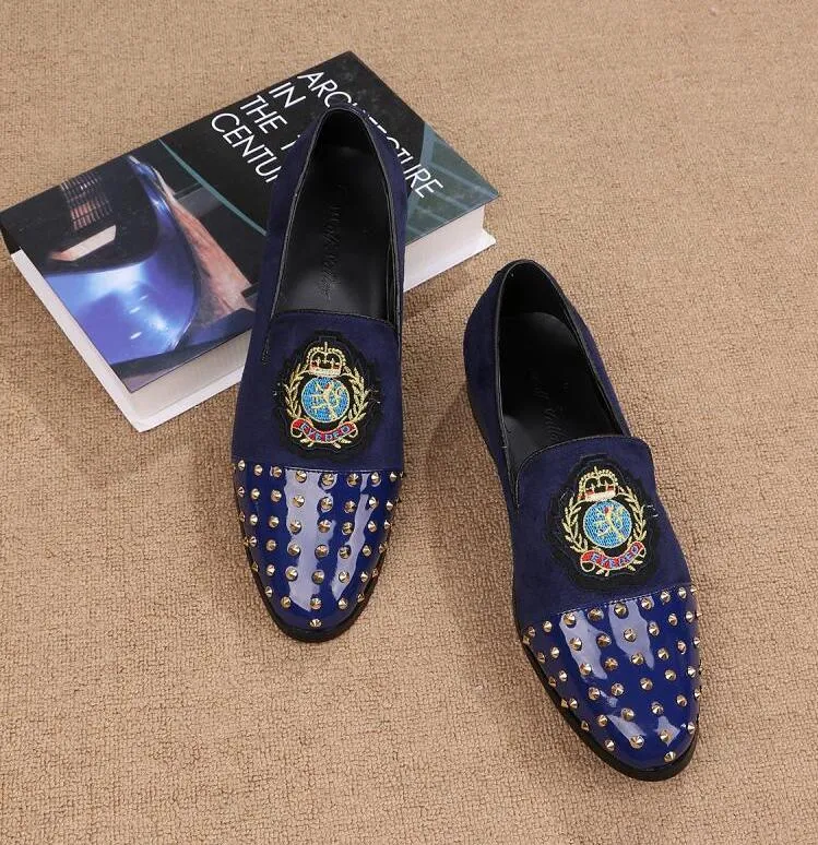 Italy style fashion Men rivet Party Wedding shoes Flowers painted Genuine Leather Slipper Smoking Slip-on Dress Walking Sneakers M2