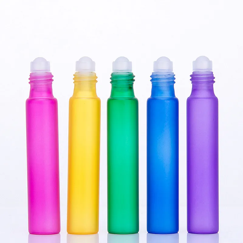 Bouteille à rouleau en verre de 10 ml avec boule à roulettes en acier inoxydable, couleur mate, petites huiles essentielles, bouteille d'échantillon rechargeable, emballage cosmétique