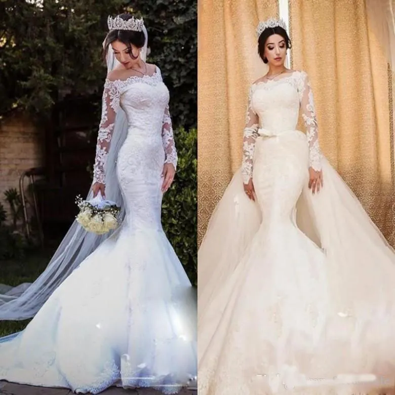 2018 кружева свадебные платья с съемным поездом иллюзий с длинными рукавами пляж русалка избыток свадебные платья на заказ