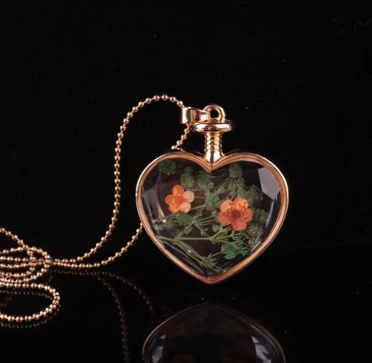 Murano Heart Form Lampwork Glas Anhänger Aromatherapie Anhänger Halsketten Schmuck Trockene Blumen Parfüm Vial Flasche Anhänger Halskette 30 Stück
