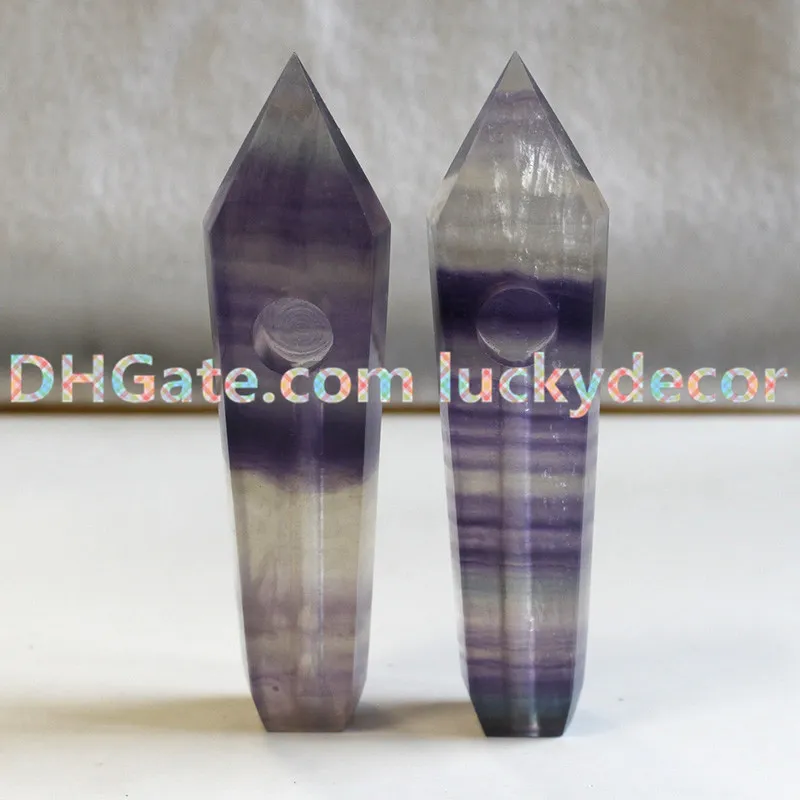 Purple Layered Fluorite Crystal Stone 6 Facet Point Women's Smoking Pipe Unique Striped Fluorite Pipe Polished Crystal Stone Hexagon Wand