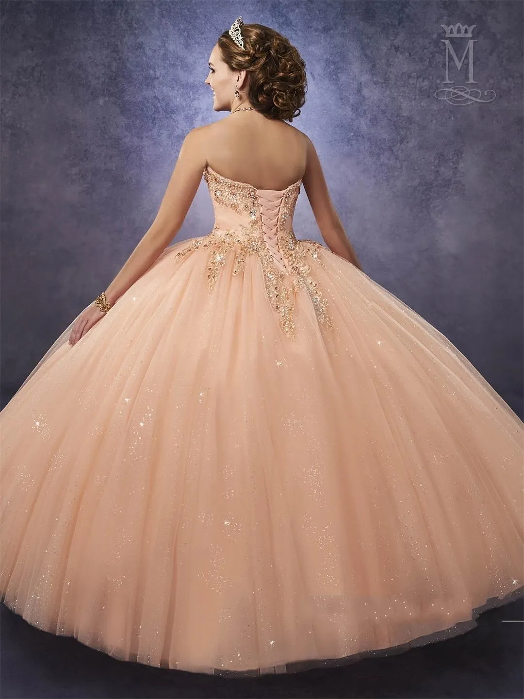 Sparkling Mary's Peach Quinceanera Dresses with Detachable Straps Waist Tulle Sweet 16 Dress Lace Up Back Prom Gowns179w