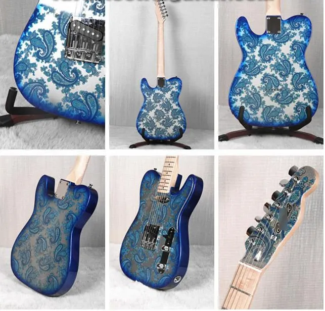 Crook Custom Brad Paisley Blue Sparkle Paisley Guitare électrique, mini micro Humbucker, pickguard transparent, accordeurs de verrouillage Sperzel