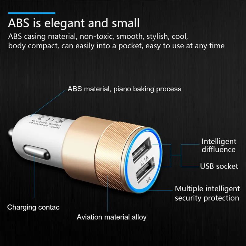 168 Metalowa podwójna portu USB Car Charger Universal 2.1 Adapter ładowania LED do inteligentnego telefonu i tabletu PC