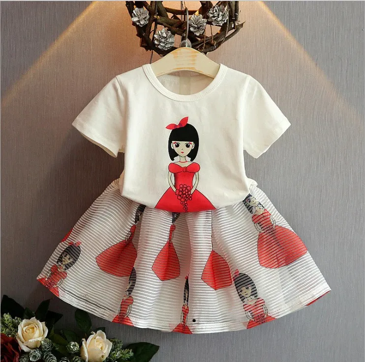 2018 new gilr's printed baby girl outfits children summer clothing set kids cotton T-shirt top+skirts 2pcs suit
