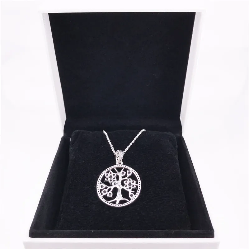 Collar de árbol genealógico Auténtico 925 Plata esterlina con circonio transparente DIY Jewelry Fine 390384CZ-80 Collar de encanto