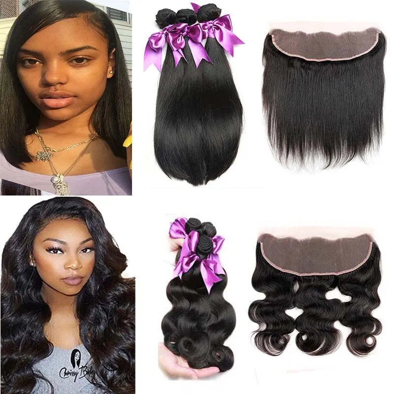 Brazilian Straight Human Hair 3 Bundles With Lace Frontal Closure Cheap Ear To Ear Lace Frontal With Body Wave Virgin Hair Weave Deals