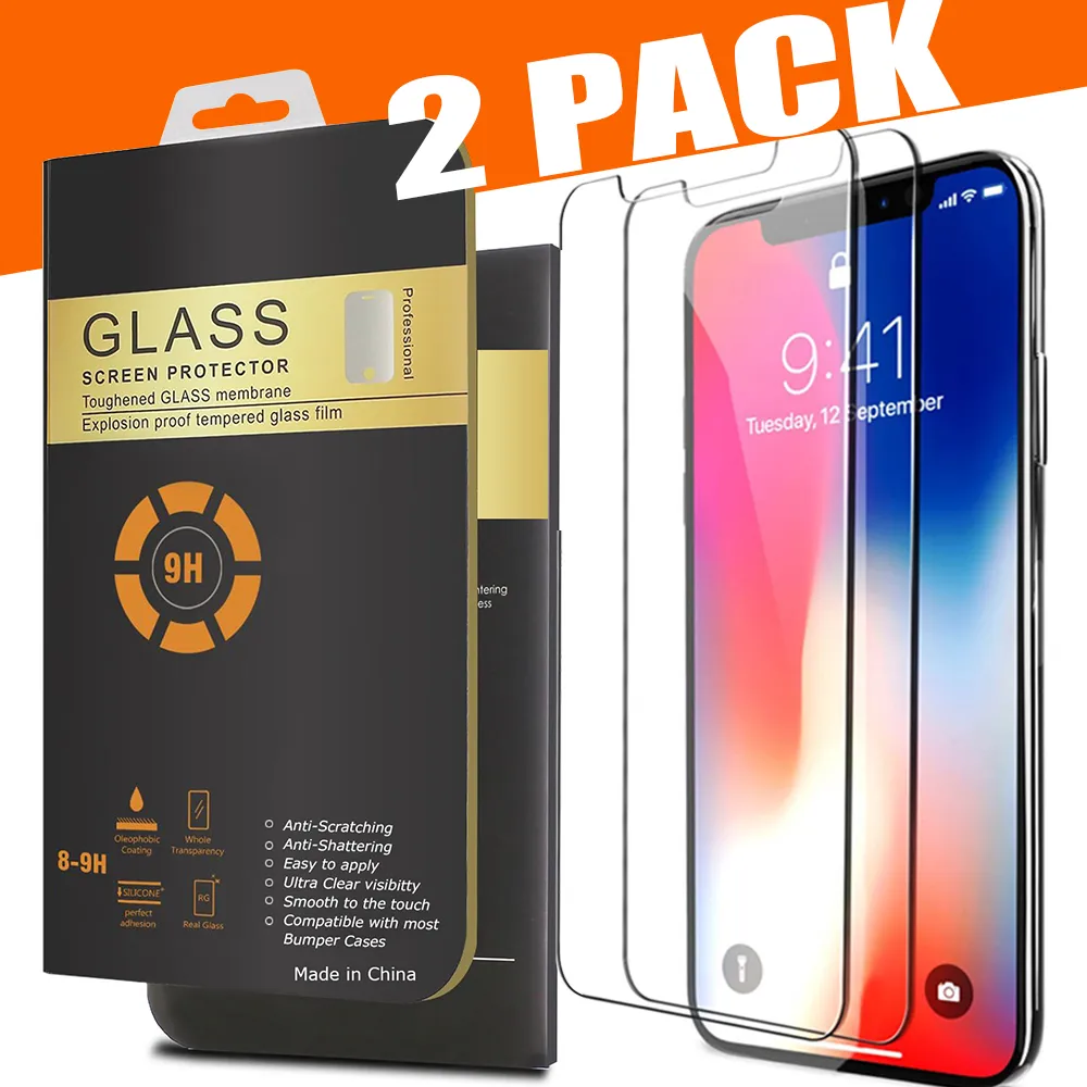 2 Förpackningsskyddsskydd för iPhone 13 Profon 12 PRO MAX 11 XR XS Max 8Plus X-tempererat glas för Samsung A20e A40 A50 2,5D rundad kant