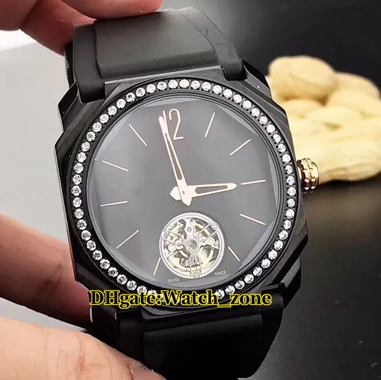 42mm Octo Finissimo 102401 Czarny Dial Tourbillon Automatyczny Zegarek Silver Case Diament Bezel Skórzany Pasek Tanie nowe zegarki wysokiej jakości