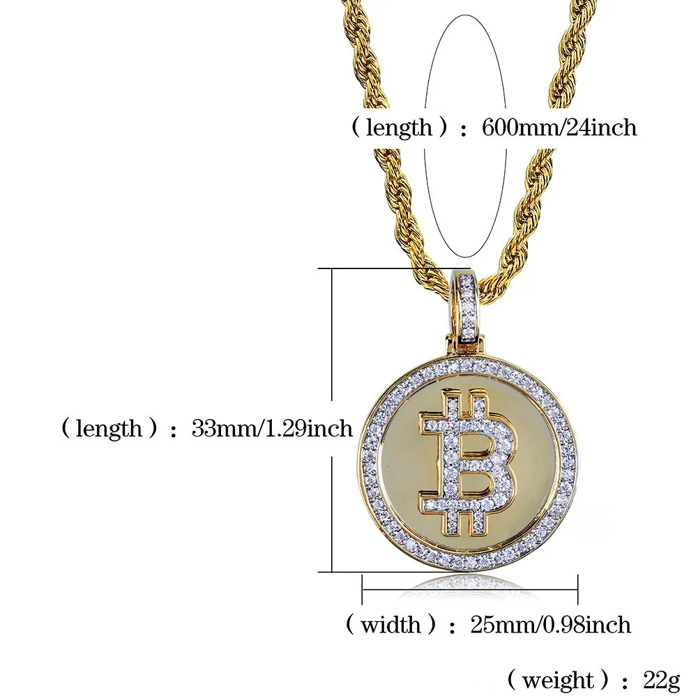 Hip Hop – collier avec pendentif Bitcoin plaqué or glacé, en Zircon Micro pavé, avec chaîne en corde de 60cm, 199k