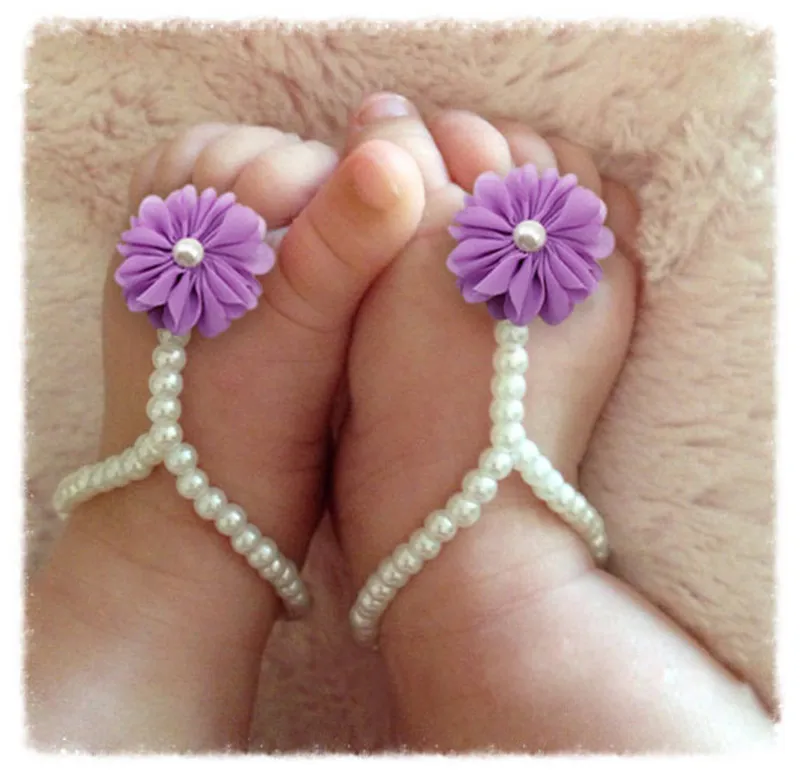 Flower Sandals Simulated Pearl Anklets Newborn Baby Girls Foot Band Toe Rings First Walker Barefoot Sandals Anklets Kids TO420