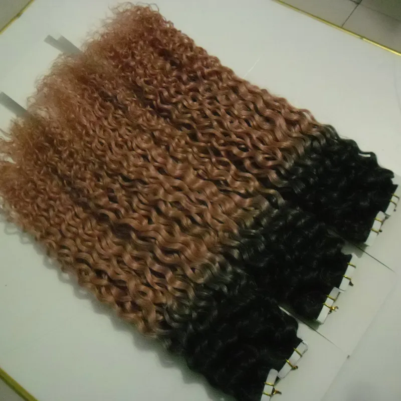 Ombre Tape In Human Hair Extensions Extensions de cheveux bouclés crépus T1B / 27 Cheveux humains sur ruban adhésif PU Trame de peau Invisible 16 18 20 