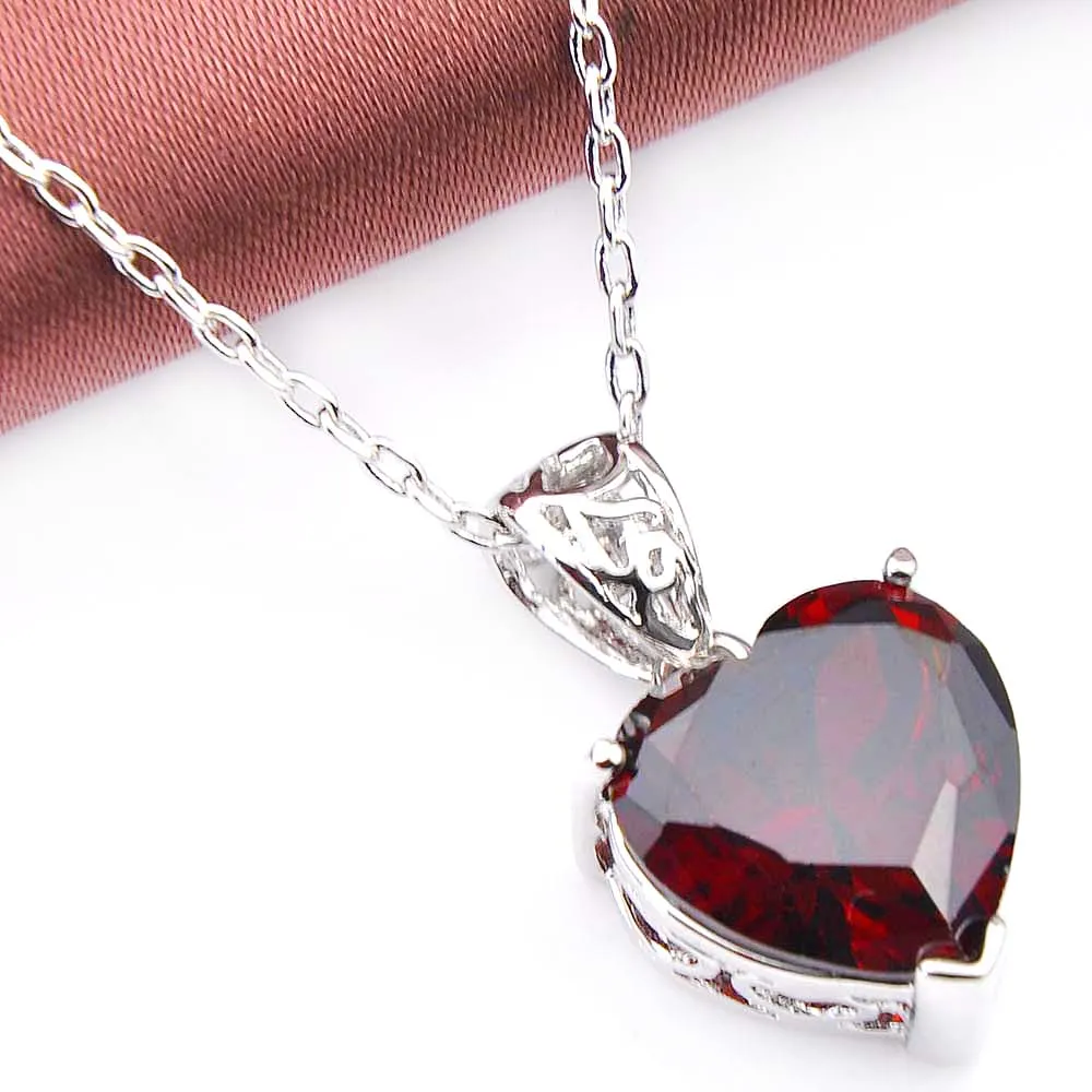 Top Sale 2019 New Fashion Brand Christmas Day Gift Jewelry Heart Red Garnet Pink Kunzite Gems 925 Silver Necklaces Woman's Zircon Pendants