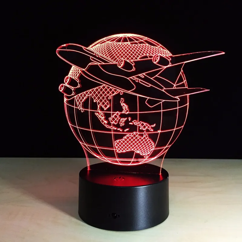 Fly the World Earth Globe Airplane 3D LED Lamp Art Sculpture Lights in Colors 3D Optical Illusion Lamp4892305