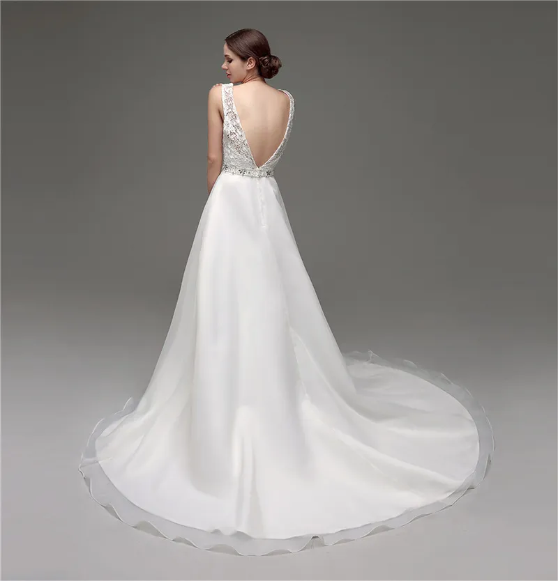 Elegant Ivory Satin Wedding Dress Scoop Lace with Sequins Sash Sweep Train Sexy Backless Long Bridal Gowns