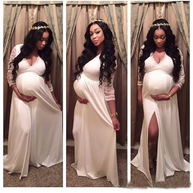 Lace Evening Dresses Sheer 3 4 Long Sleeevs Side Split V Neck Maternity Dress Baby Shower Formal Party Gowns Pregnant Long Prom Dresses