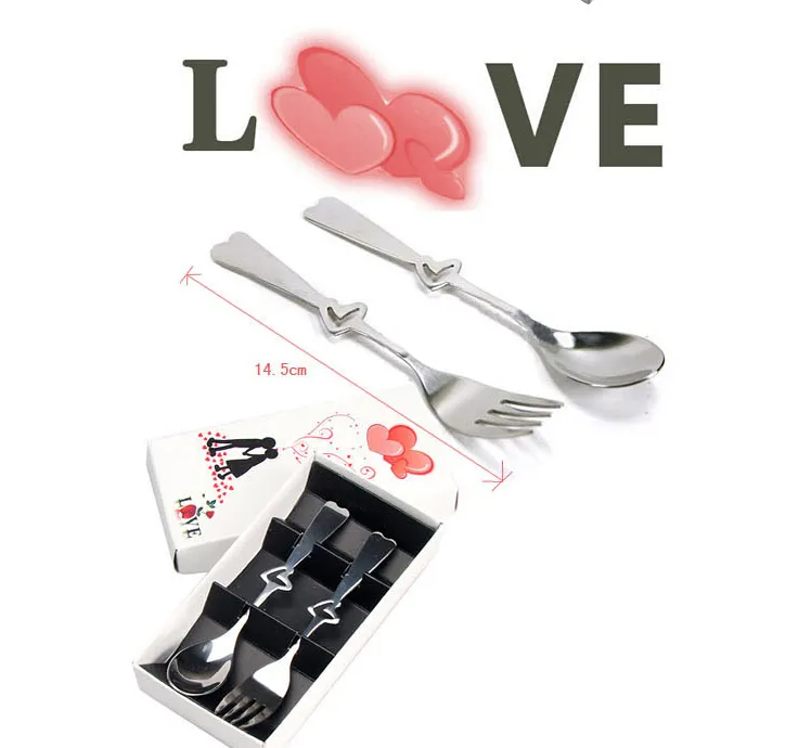 New Fashion Wedding Favors Gifts Heart Shape Stainless-Steel Fork Spoon in One Set