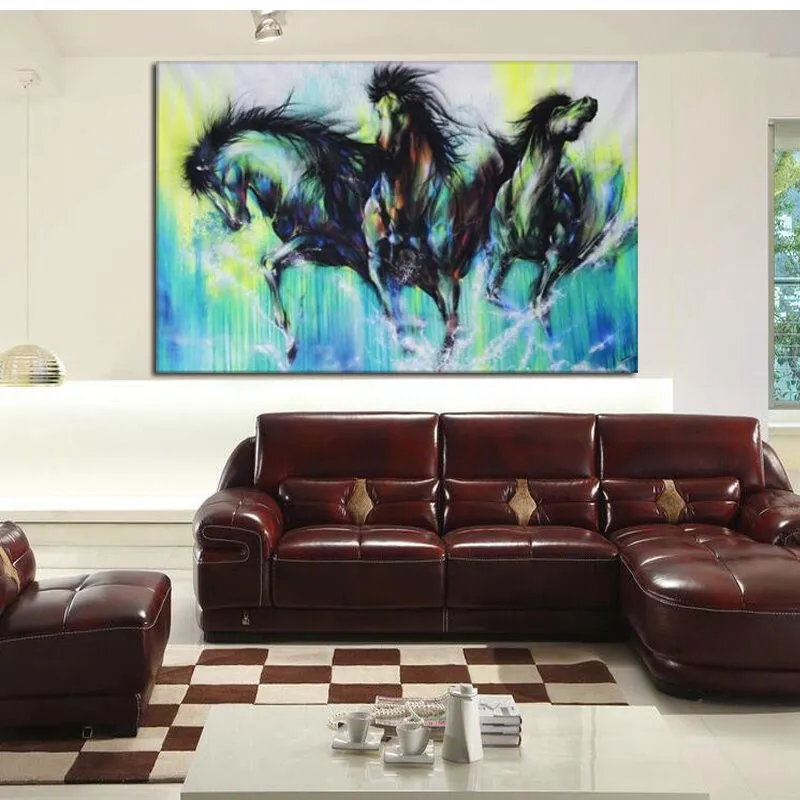 Настенное искусство без рамки, абстрактная картина маслом, три синие лошади, бегущие, чистая ручная работа, животное, лошадь, холст, домашний декор7960537