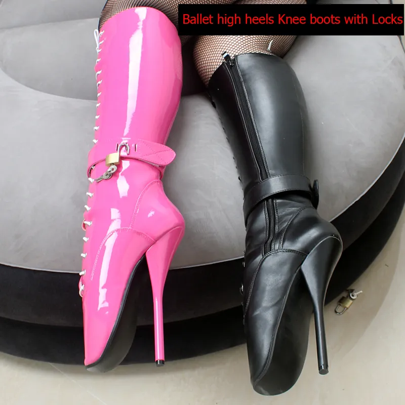 Kostenloser Versand 2018 Neue 18 cm/7 "High Heel LOCKY Abschließbare Ballett Stiefel Frauen Kreuz-gebunden Fetisch Sexy Pinup Spike Heels kniehohe Stiefel BLB230-1