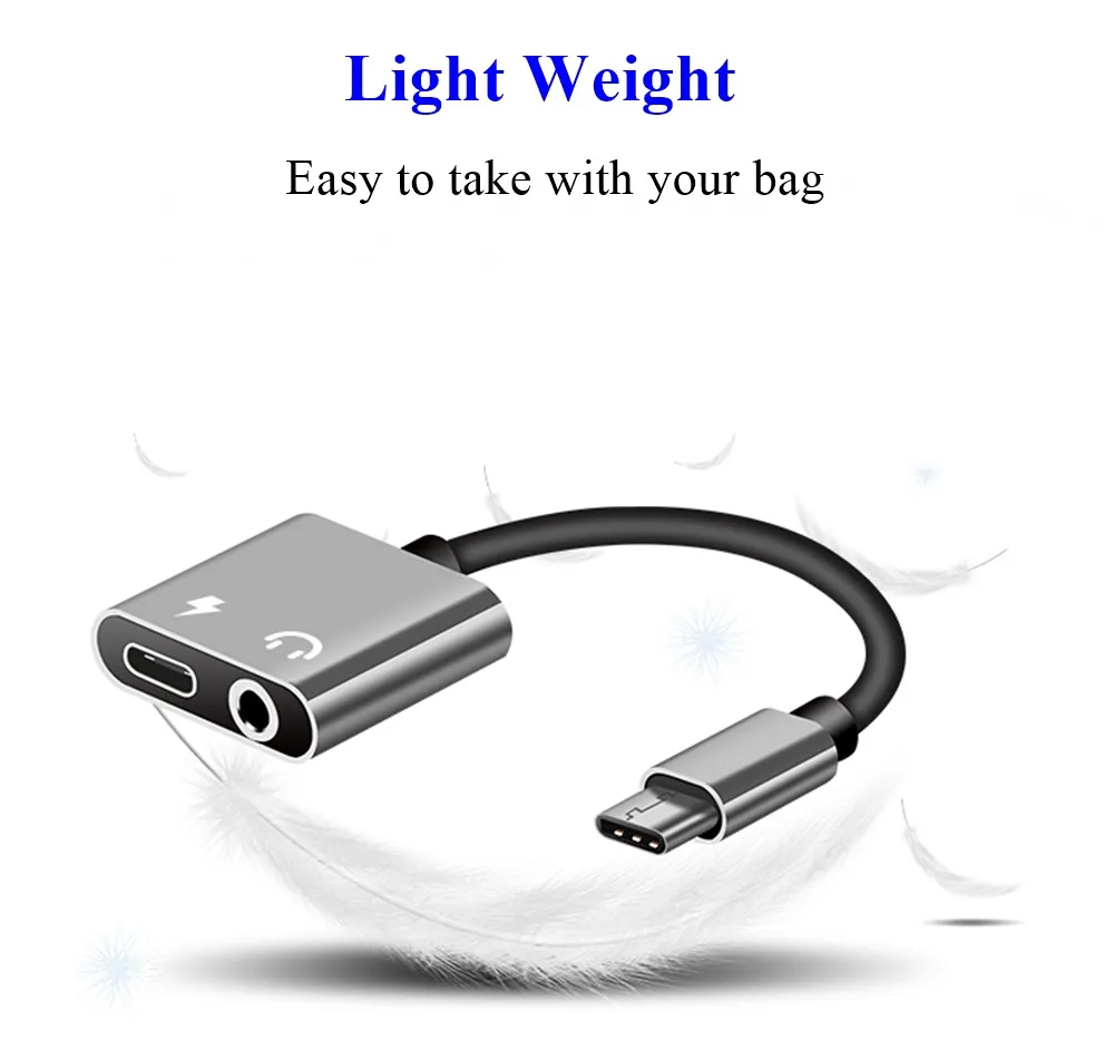 2 i 1 typ C AUX-ljudkabeladapter USB-typ C till 3,5 mm hörlursuttagskostnadsadapter för Samsung Smart Phone / 