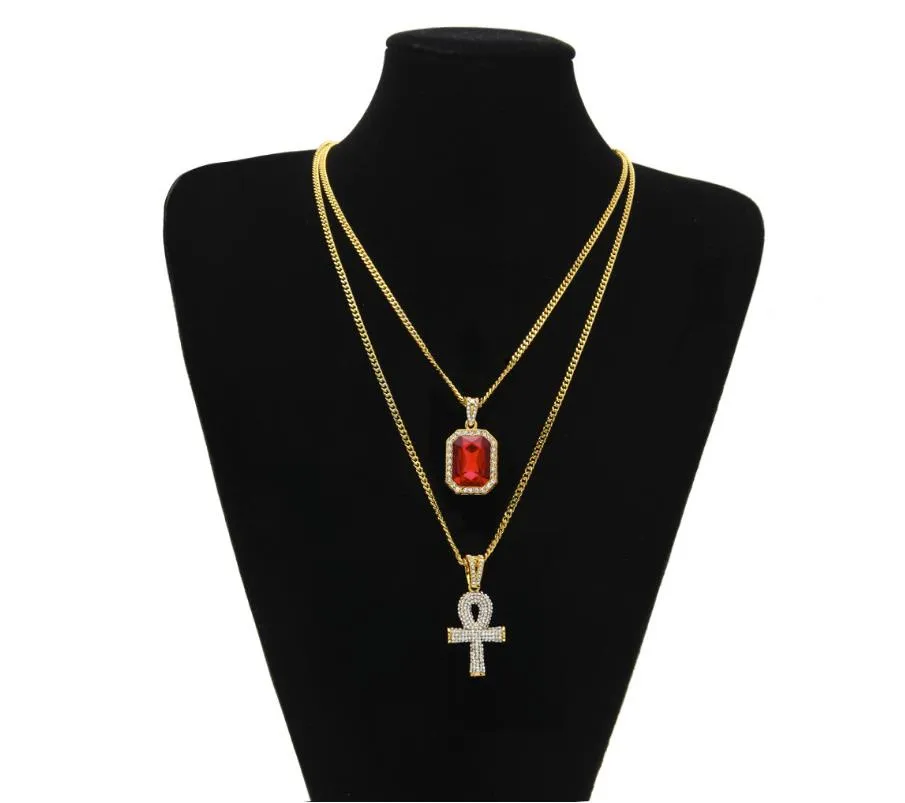Египетский Анкх Ключ Жизни Bling горный хрусталь крест кулон с красным рубином кулон ожерелье набор мужчин мода хип-хоп ювелирные изделия для мужчин