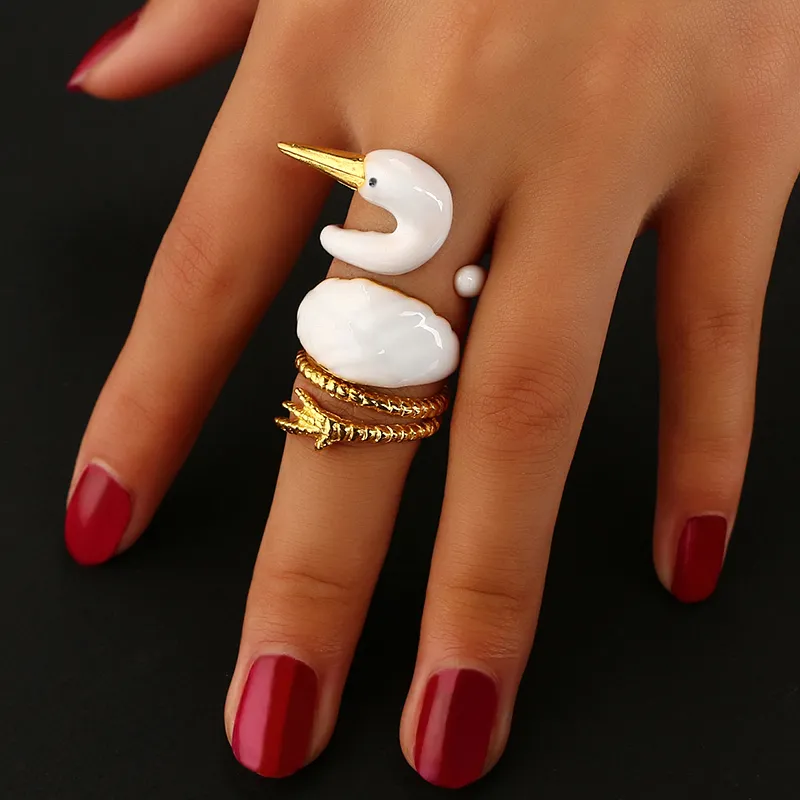 Neue Design Weißer Schwan Tier Ring Sets Öffnung Einzigartige Gold Farbe Knuckle Joint Ring für Frauen Cartoon Ringe Großhandel