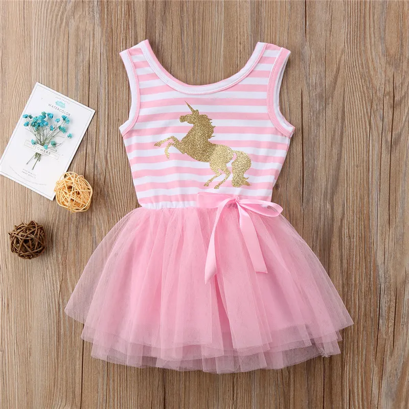 Summer Baby Girls Dresses 2018 New Kids Girl Sleeveless Bow Cartoon Sequins Unicorn Dresses Baby Girls Casual Striped Tulle Princess Dress