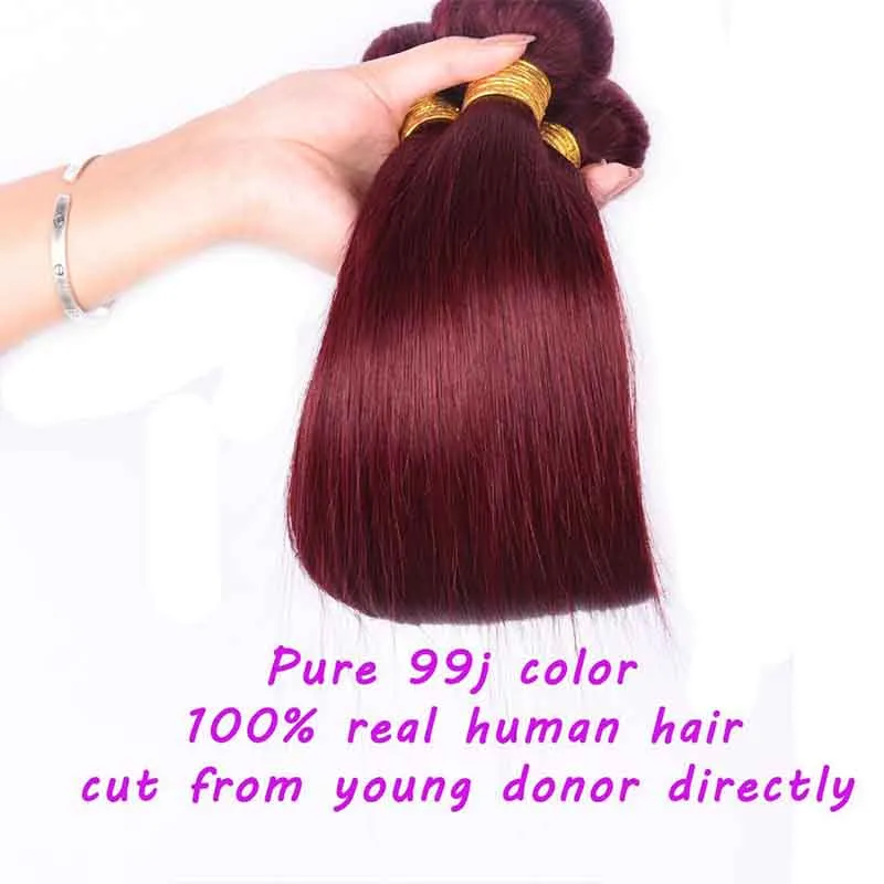 Capelli umani brasiliani colorati 3 pacchi dritti 99 # stile capelli bordeaux economici brasiliani peruviani malesi capelli umani di Remy tesse offerte