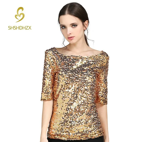 Tallas Moda Mujer Casual Sueltas Glitter Gold Lentejuelas Fuera Del Hombro Blusa Camisa Elegante Señoras Tops S 5XL 31,95 € | DHgate