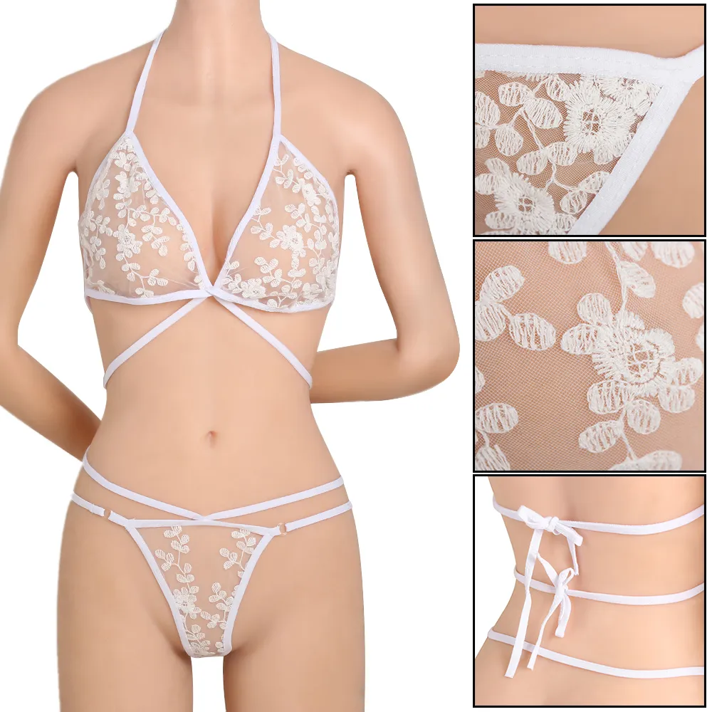 Venda imperdível!! Moda Mulheres Sexy Lingerie Nightwear Lace Floral Vestido branco Pijamas Bra G-String Set Underwear