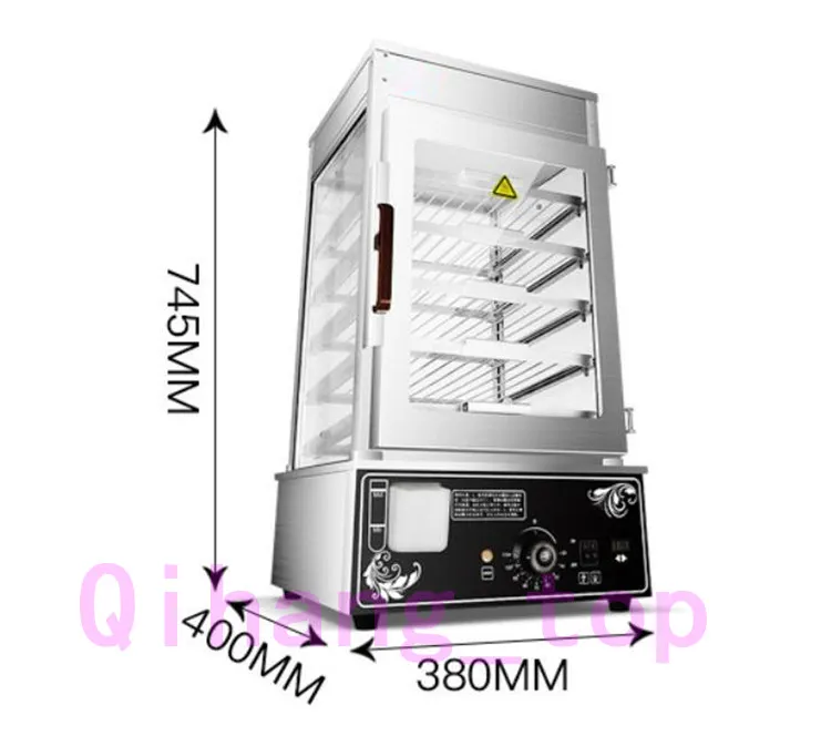 Qihang_top kommerzieller 5-lagiger elektrischer gefrorener Dampfbrötchen-Dampfgarer aus Edelstahl mit Glas-Speisewärmer-Ausstellungsvitrine