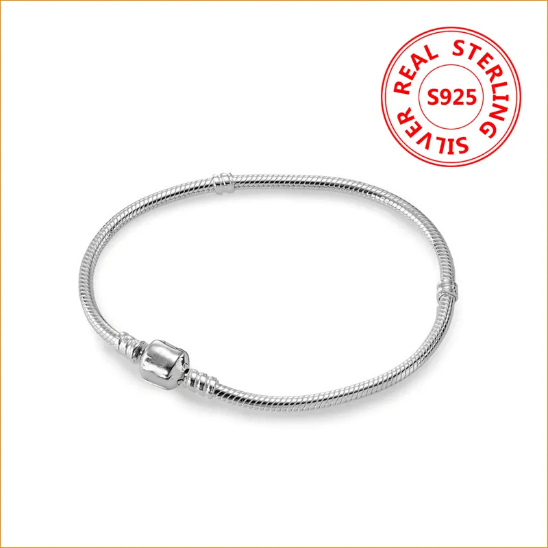 Klasyczny design 925 Sterling Silver Charms Bransoletka 3mm łańcuch węża dla Pandora Charm Bransoletki Biżuteria Pudełko dla kobiet Mężczyźni