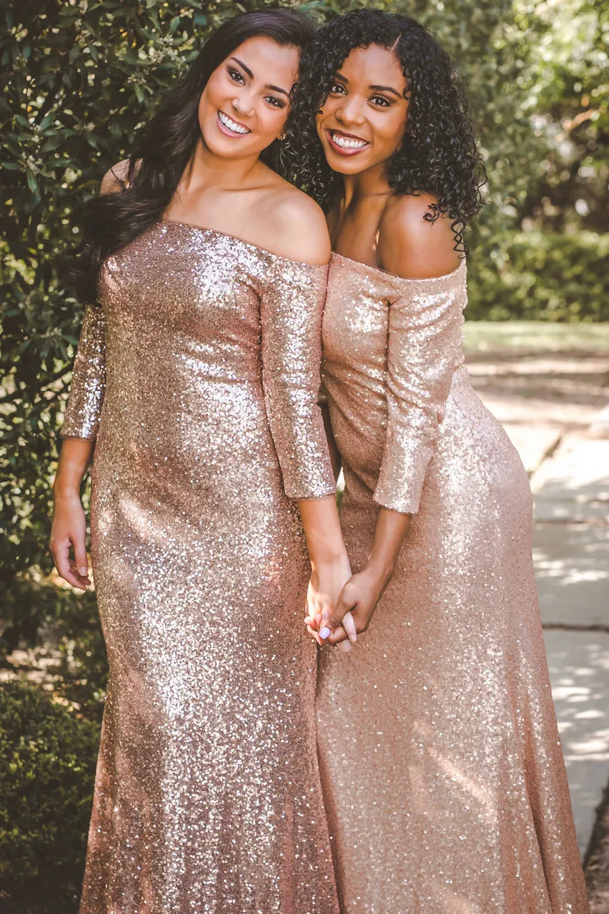 Sequins Bridesmaid Dresses 2018 Off The Shoulder 3 Quarter Sleeves Rose Gold Sheath Bridal Party Dress Golvlängd