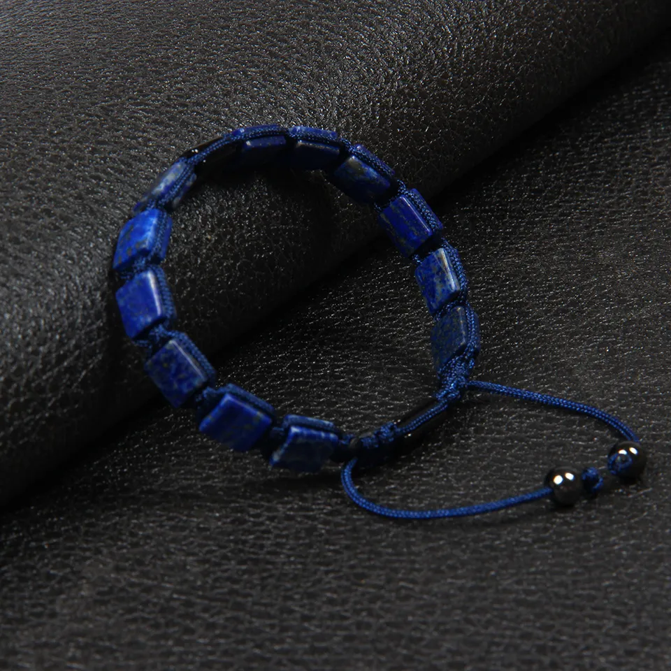 Moda Bangle Jewelry Men Atacado / 8x8mm Natural Lapis Lazuli Praça Stone Beads Geometric pulseira trançada