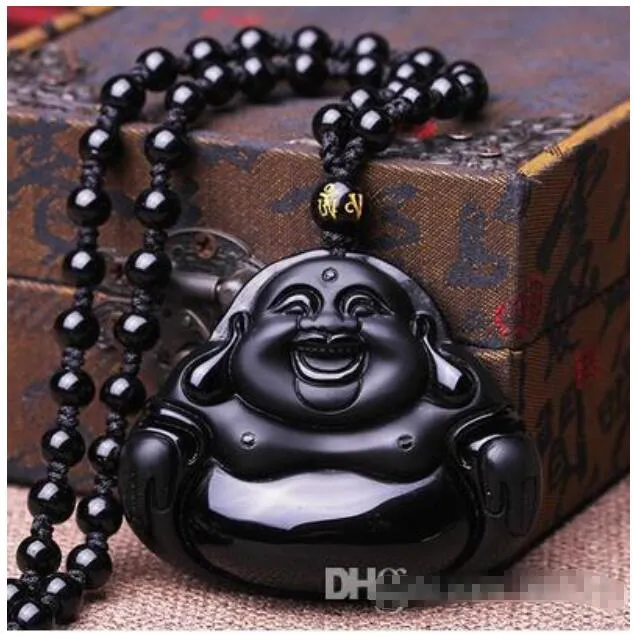 Vente en gros - Naturel véritable pierre noire Maitreya Bouddha pendentif hommes et femmes collier Hei Yao Shi rire Bouddha jade pendentif pendentif bijoux