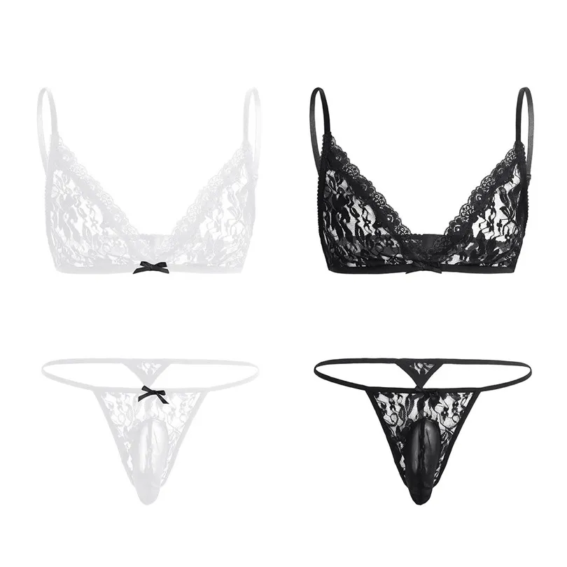 2-teiliges sexy Herren-Dessous-Set mit floraler Spitze, durchsichtiger Nachtwäsche, Nachtwäsche-Set, BH-Oberteil mit G-String und geschlossener Penishülle mit Schleife