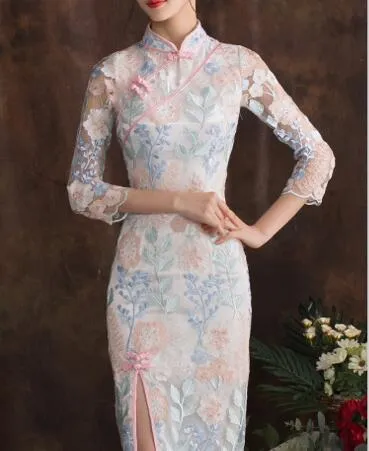 Hot Sale Summer Traditional Lace Chinese Cheongsam Long Style QiPao 2020 With 3/4 Long Sleeves Formal Gowns Dresses for Women