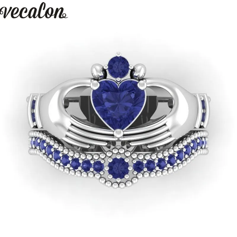 Vecalon Lovers Birthstone claddagh ring 5A Zircon Cz White gold filled Engagement wedding Band ring Set for women men