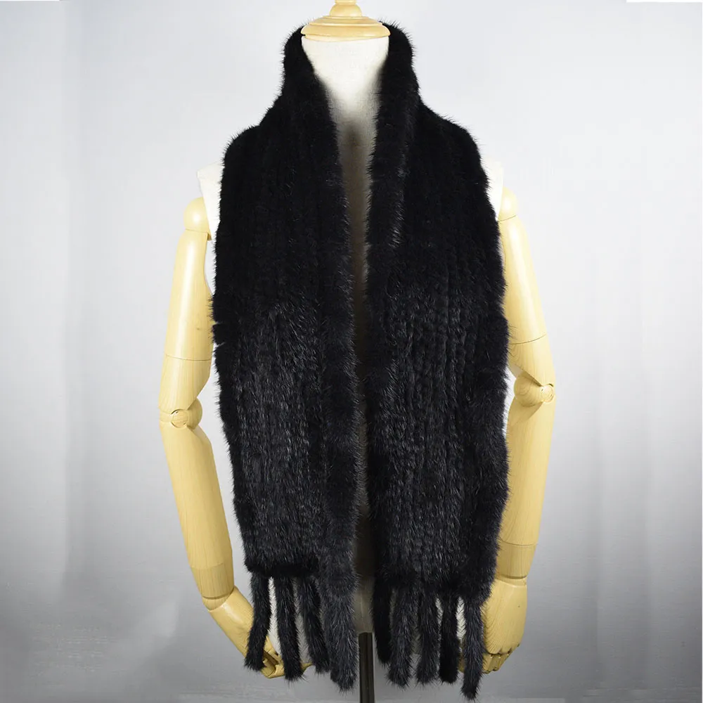 ハンドニットミンクヘアスカーフ本物のミンクヘアネック女性のためのファッション本物の毛皮のスカーフフリンジ238n