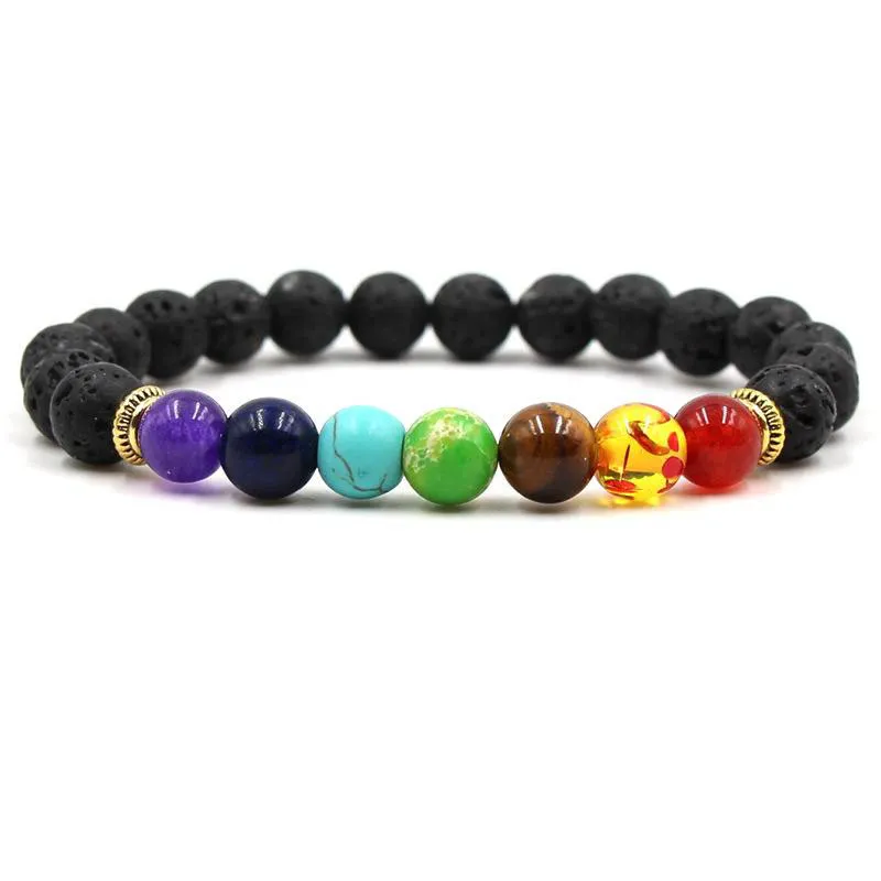 Difusor de Perfume de aceite esencial de Chakras arcoíris de 7 estilos, pulsera de cuentas de piedra de Lava negra de 8mm, pulsera de equilibrio de arcoíris, joyería elástica para hombres