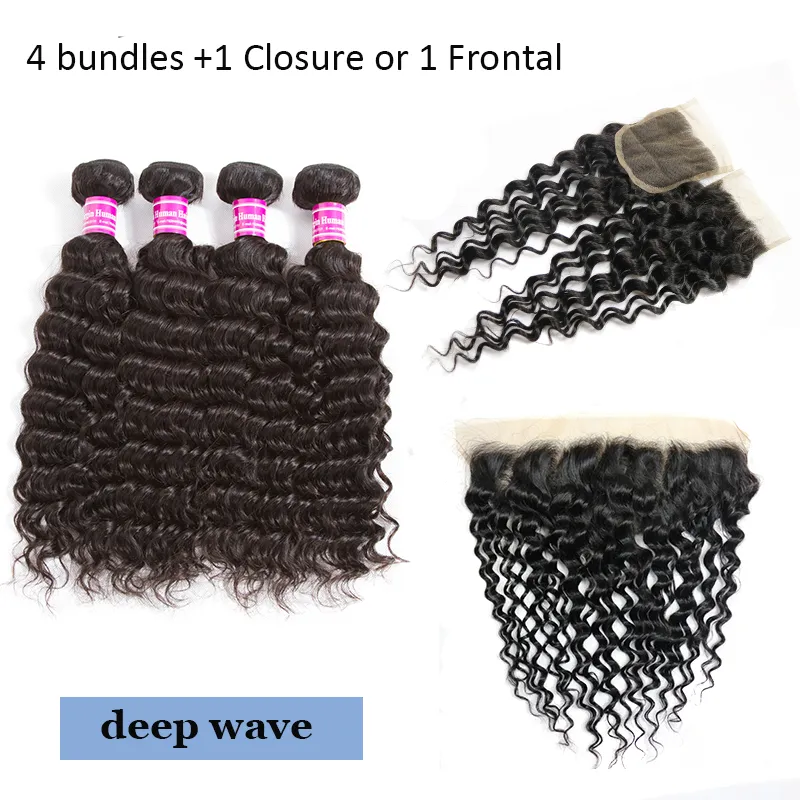 Human Virgin Hair Straight With Lace Frontal Closure Bundles Body Deep Water Natural Loose Wave Kinky Curly Peruvian Malaysian Idian Brazilian Weave Weft 10a Grade