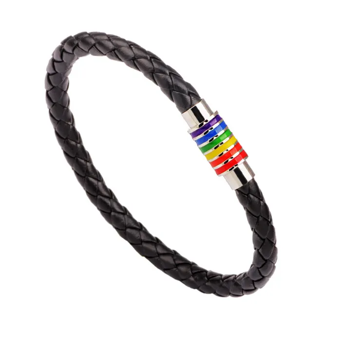 Fashion Charm Rainbow LGBT Pride Handgjorda flätade armband pu läderväv magnet lås rostfritt stål smycken hela6282003