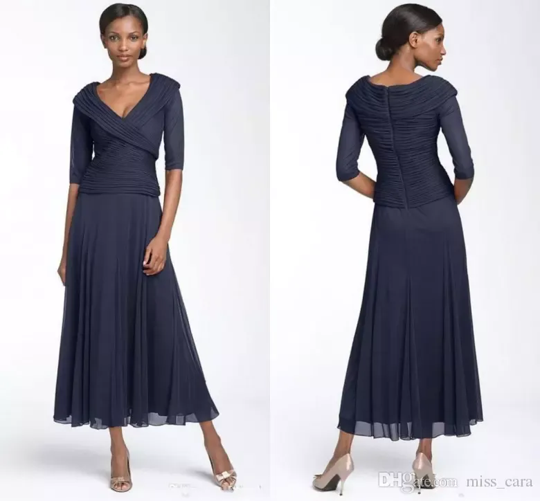 Dark Navy Mother Of The Bride Dresses V Neck Half Sleeve Chiffon Formal Evening Mother Dress Tea length Navy Wedding Guest Gowns