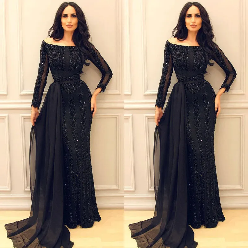 Sparkly Black Long Sleeve Mermaid Prom Dresses 2018 Bescheiden Midden-Oosten Arabische Arabische Sexy Lovertjes Kralen Formele Avondjurken