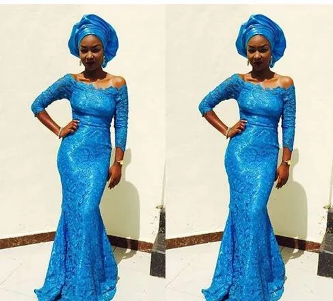 2018 vestidos de renda azul à noite desgaste para meninas negras fora do ombro com mangas 3/4 sereia baratos Prom Formal Vestidos estilos de rendas nigeriano